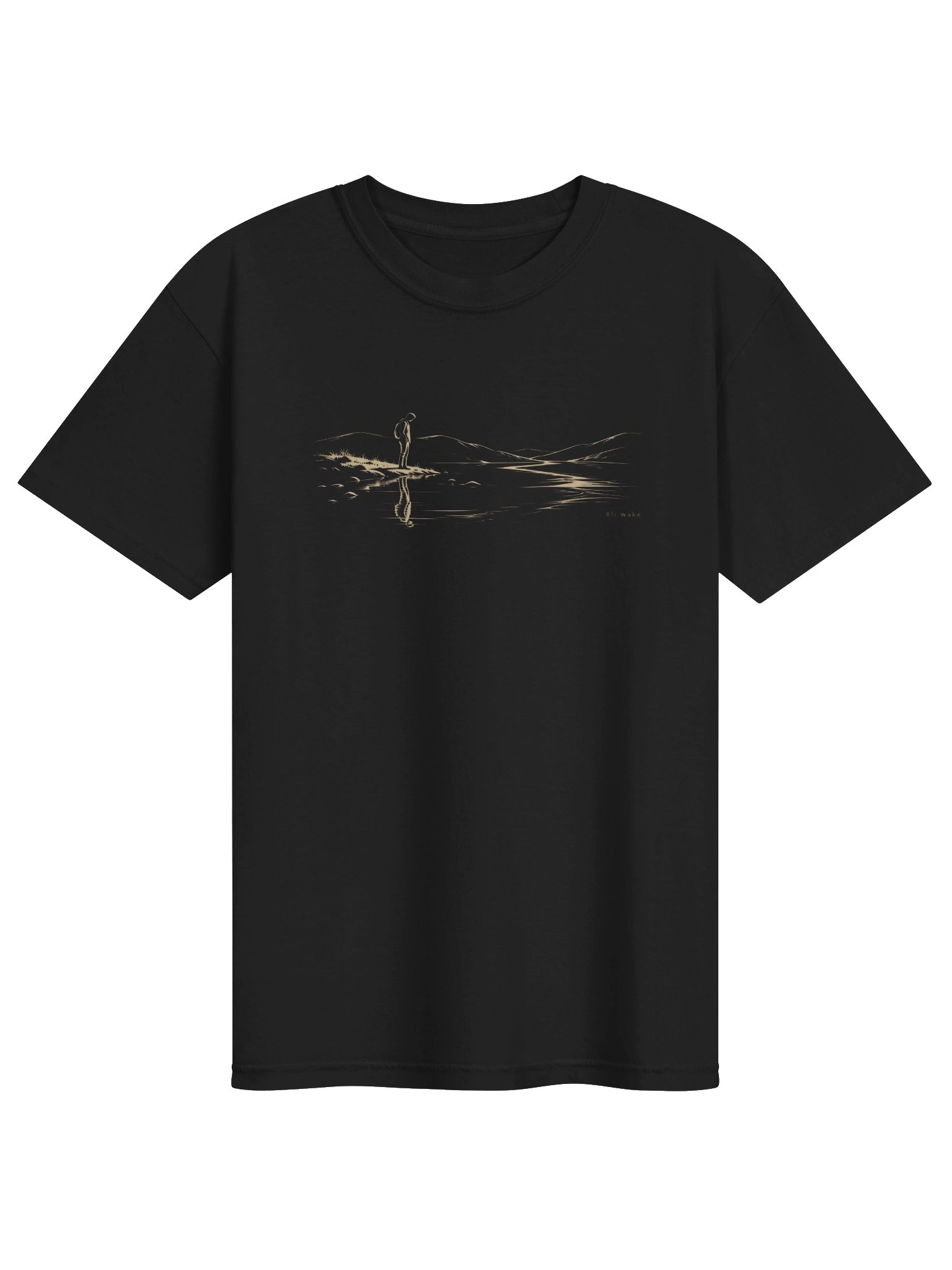 Black Honest Reflection Eli Wake tee with a figure, river reflection, and hills across the chest